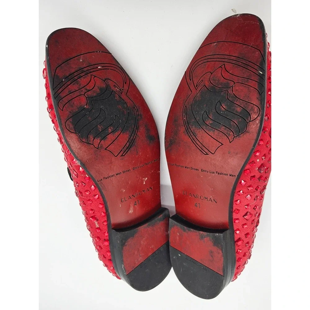 Elanroman Mens Red Velvet Rhinestone Studded Loafers Dress Shoes Size 41 EU